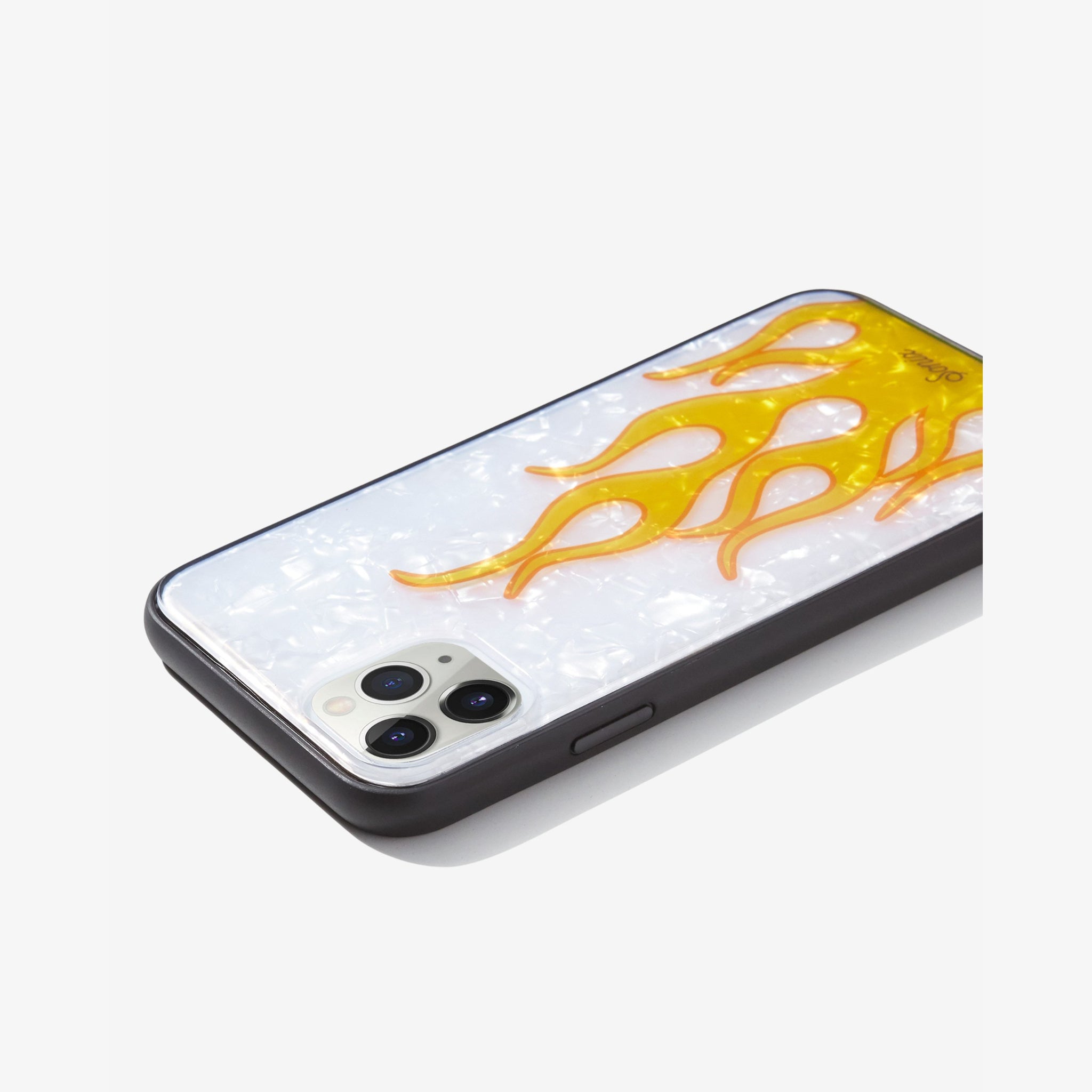 white tortoise shell with an orange flame in the middle of the case shown on an iphone 11 pro max side view
