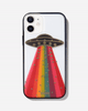 a rainbow ufo design and the words "give me space" with gold foiling and a black bumper shown on an iphone 12
