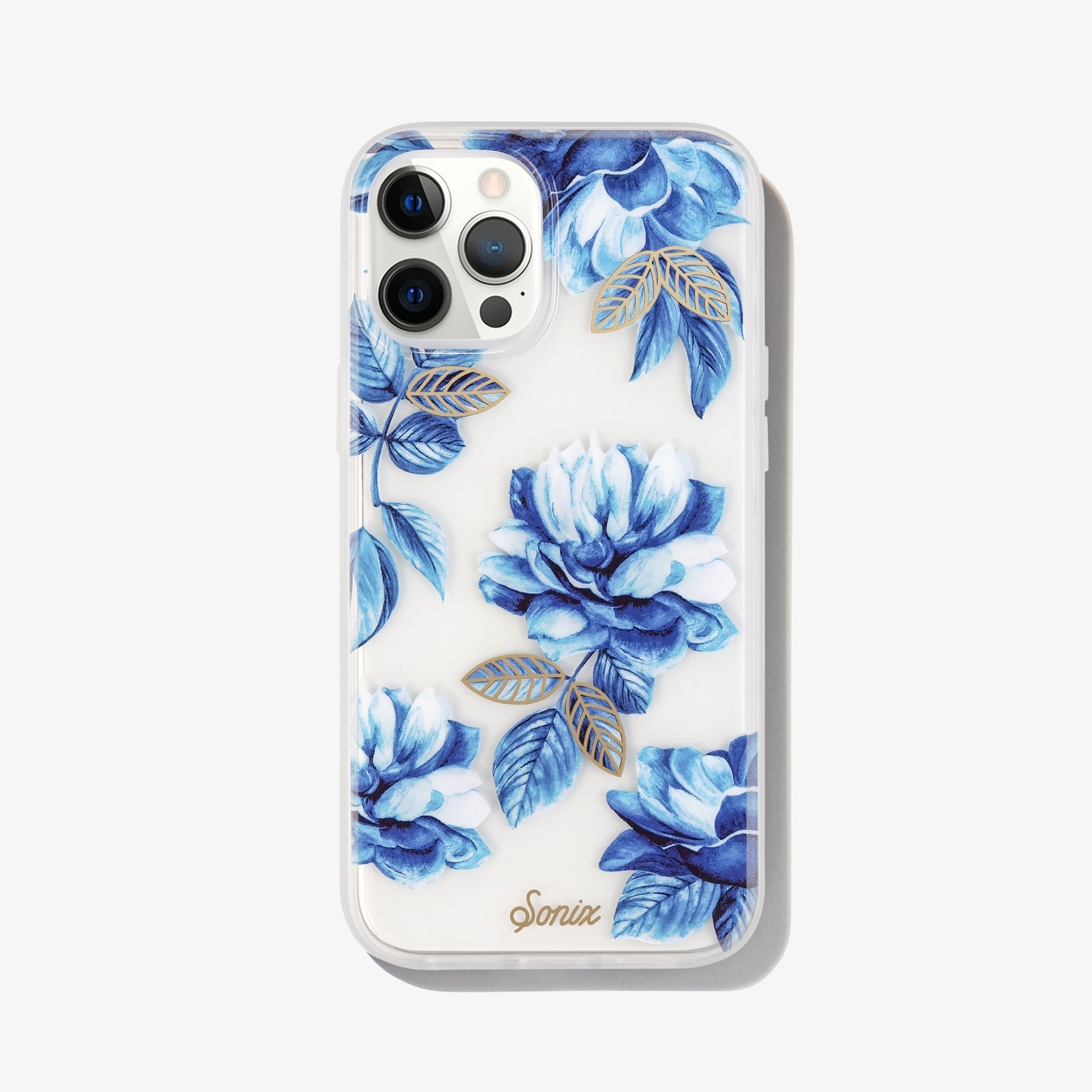 deep blue floral design with gold embroidered leaves shown on an iphone 12 pro max