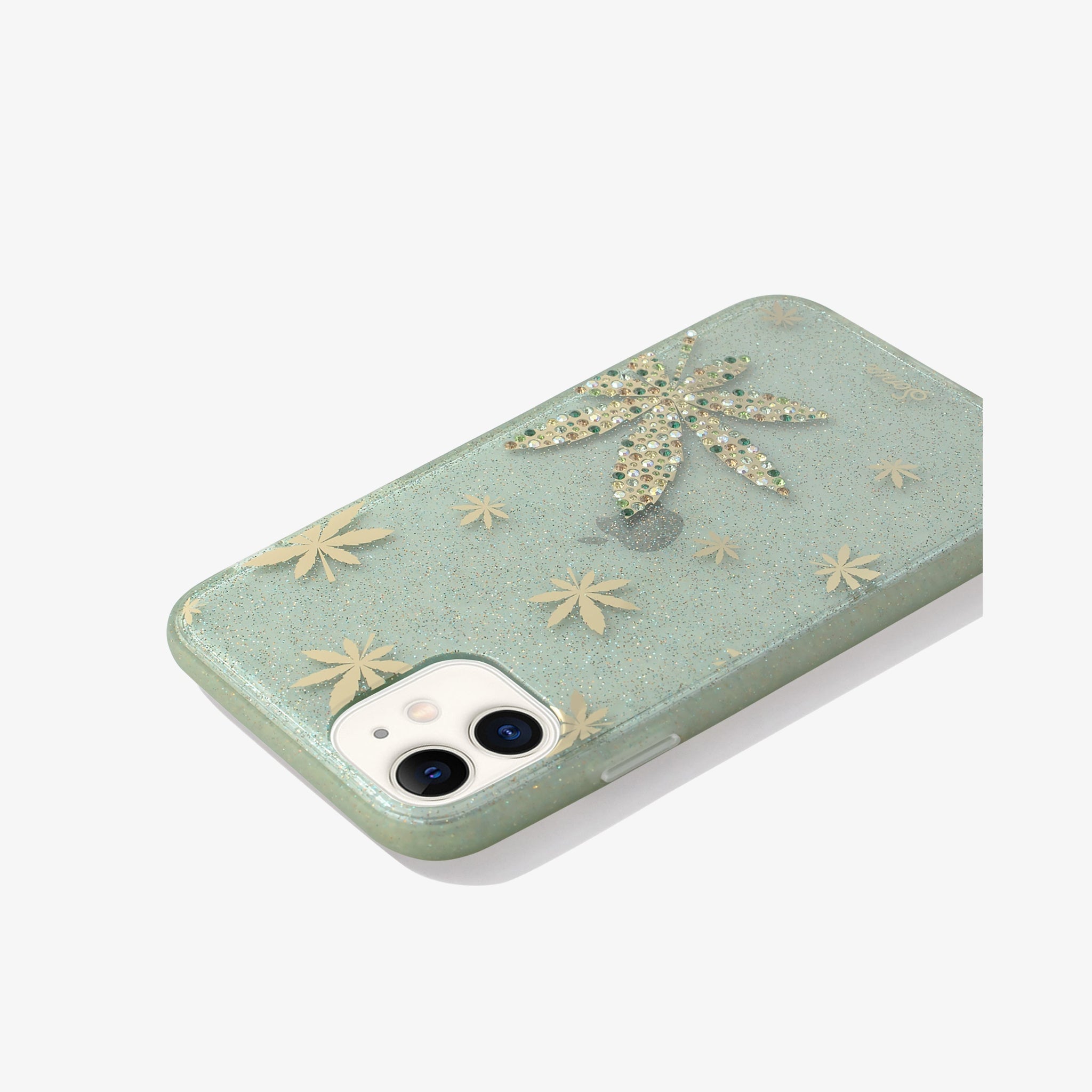 a leaf design, embellished with an assortment of green rhinestones shown on an iphone 11 side view