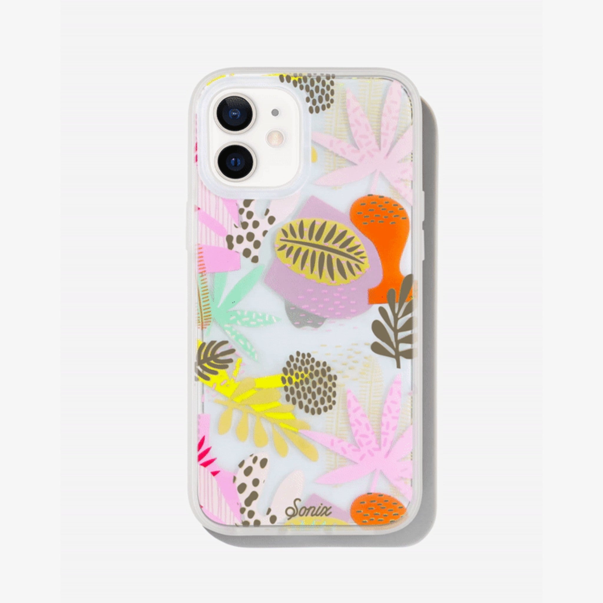 a collection of earthy shapes and forms, like plants and flowers to create a composition of playful abstract art with gold foil details shown on an iphone 12