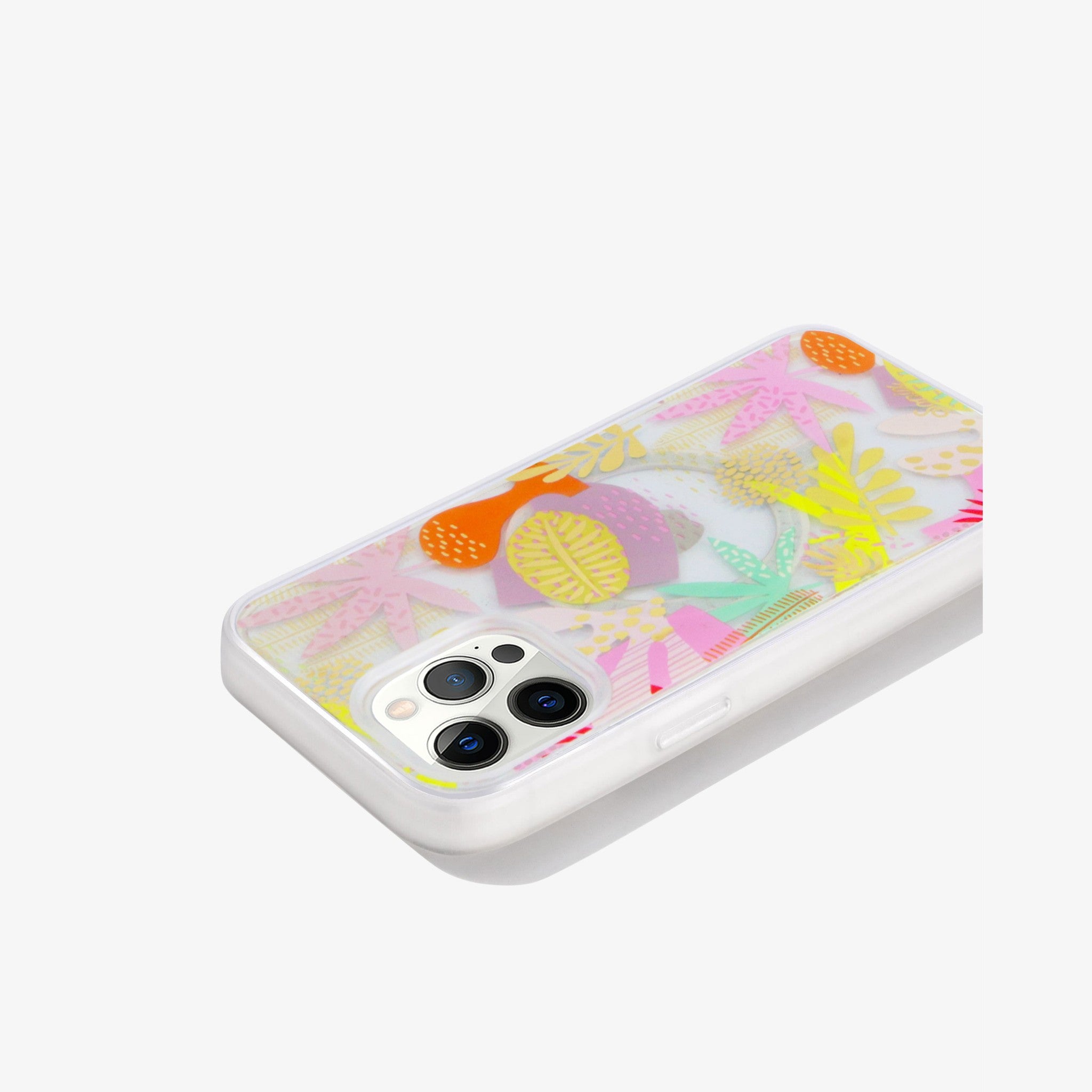a collection of earthy shapes and forms, like plants and flowers to create a composition of playful abstract art with gold foil details shown on an iphone 12 pro side view