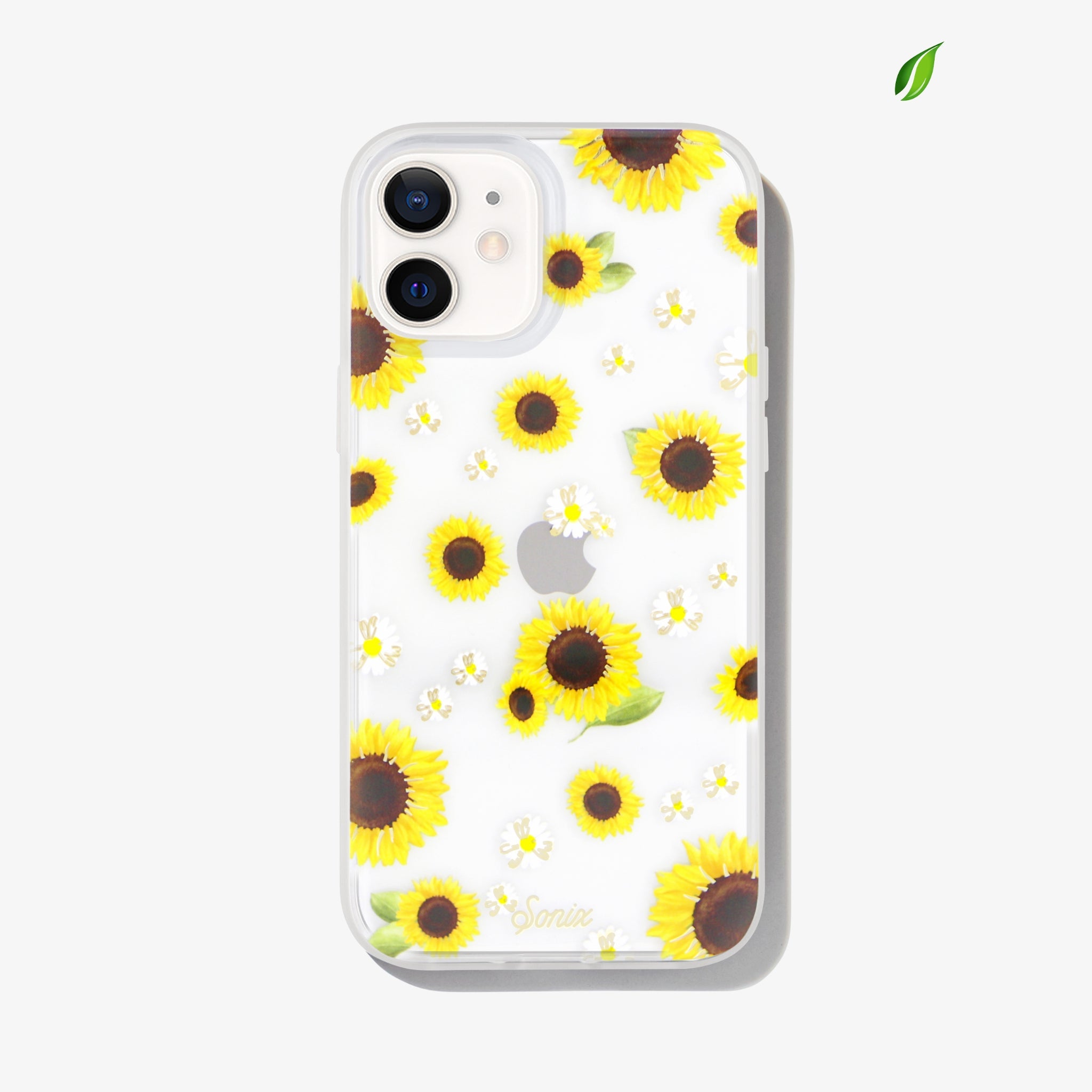Yellow sunflower and white sunflower printed on a clear case modeled on a white iphone 12