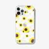 Yellow sunflower and white sunflower printed on a clear case modeled on a white iphone 12 pro